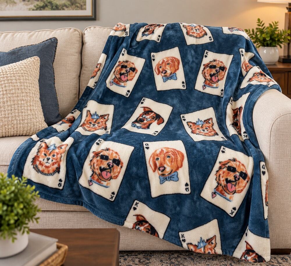 Playing Cards with Dogs Blue Multicolor Microplush Throw NWT 60" x 50"